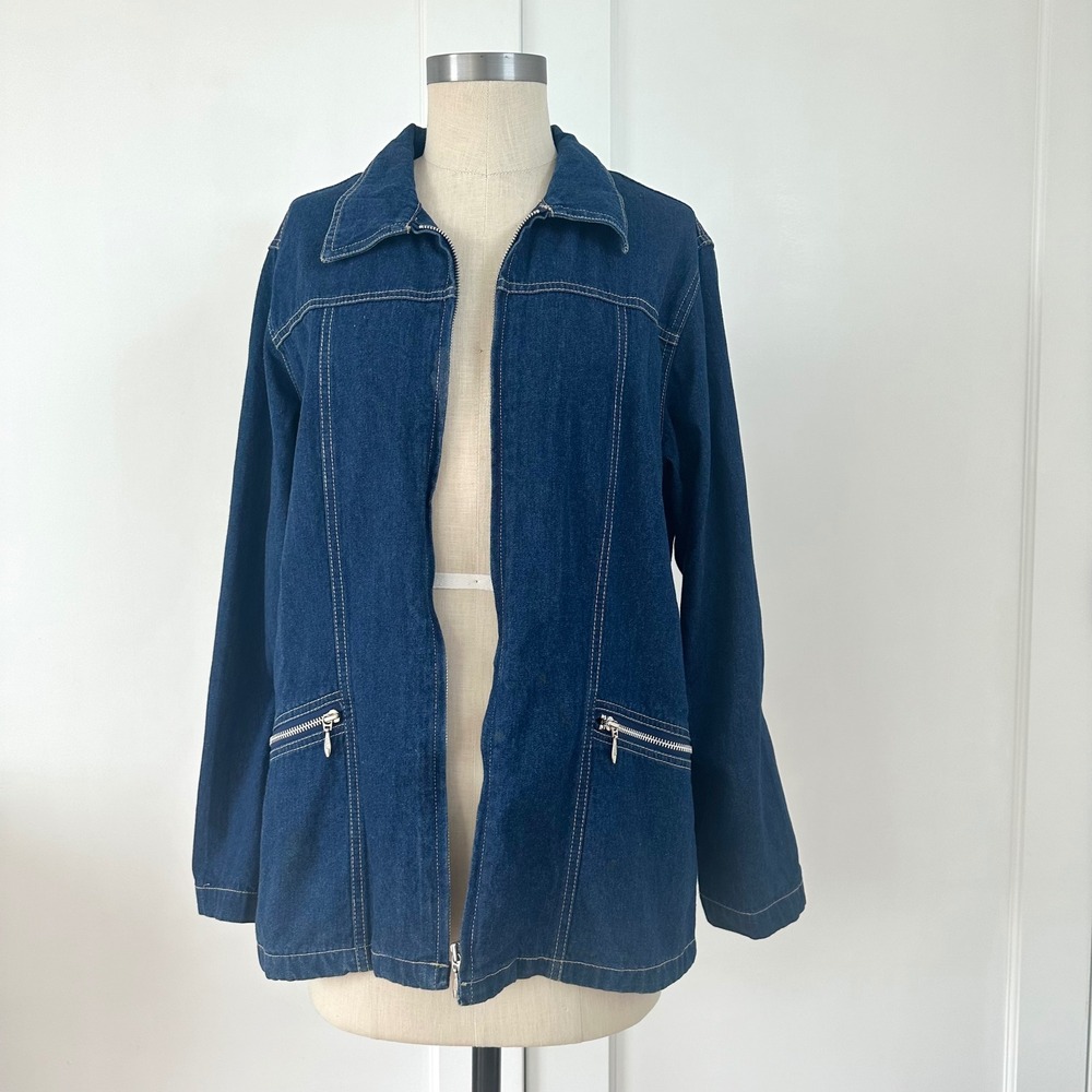 Vintage Adriana Sportā Denim Jacket Zip Women Medium Blue Western Minimalist
